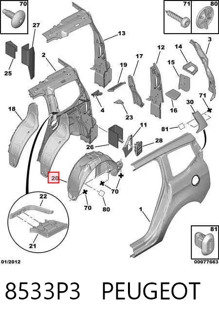 Guardabarros interior izquierdo trasero 8533P3 Peugeot/Citroen