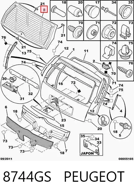 Cristal de el maletero, 3/5 puertas traseras (trastes) 8744GS Peugeot/Citroen