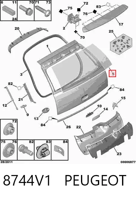Cristal de el maletero, 3/5 puertas traseras (trastes) 8744V1 Peugeot/Citroen