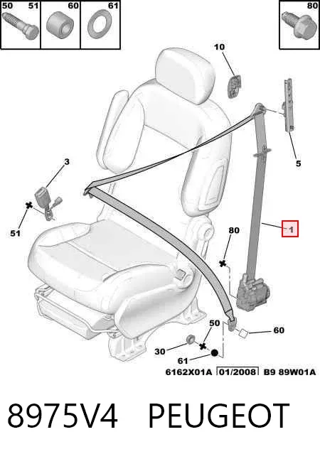 Cinturón de seguridad delantero derecho 8975V4 Peugeot/Citroen