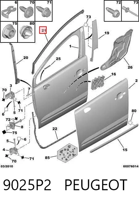 Moldura superior de puerta delantera derecha 9025P2 Peugeot/Citroen