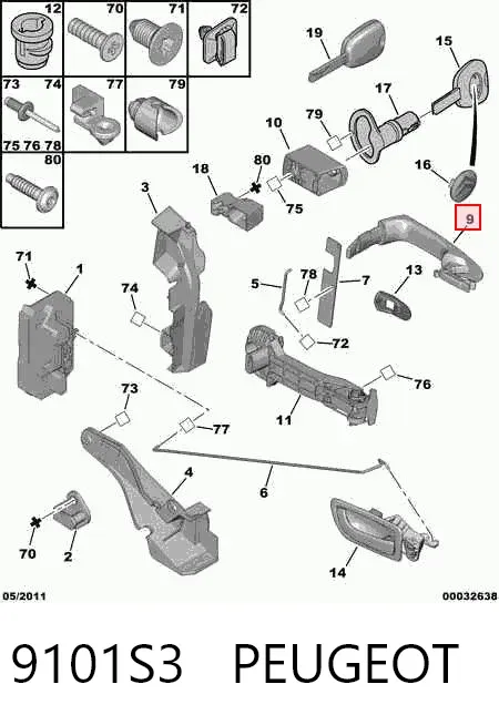 Manija exterior derecha de puerta delantera 9101S3 Peugeot/Citroen