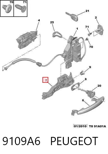 Soporte de manija exterior de puerta derecha 9109A6 Peugeot/Citroen