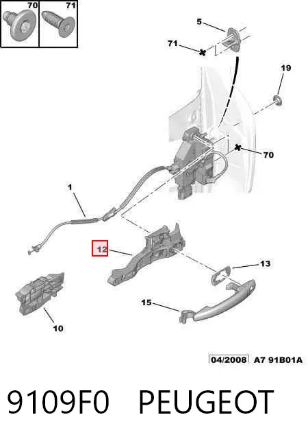 Soporte de manija exterior de puerta trasera izquierda 9109F0 Peugeot/Citroen