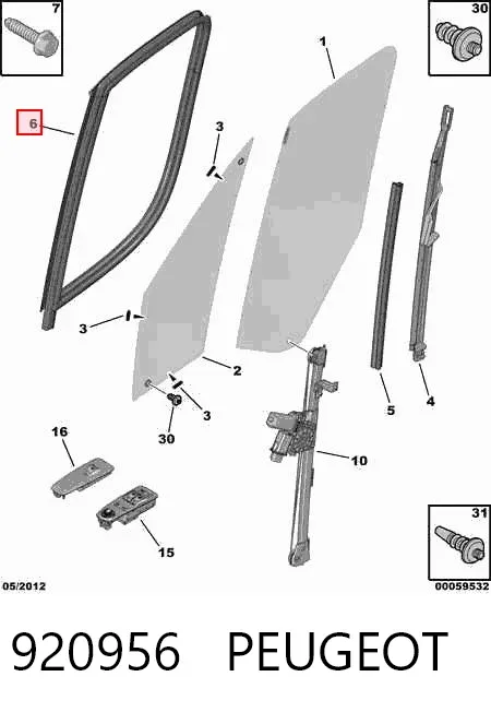 Sellador exterior de vidrio de puerta delantera derecha 920956 Peugeot/Citroen