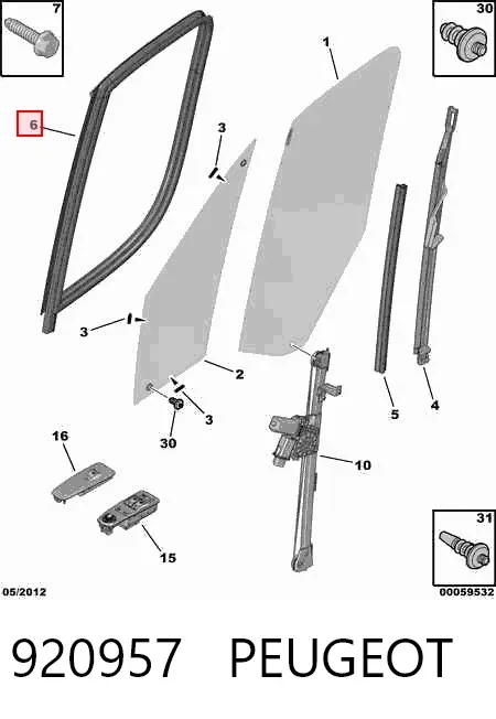 Sellador exterior de vidrio de puerta delantera izquierda 920957 Peugeot/Citroen