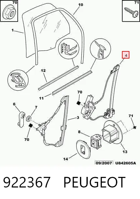 Mecanismo de elevalunas de la puerta trasera derecha 922367 Peugeot/Citroen