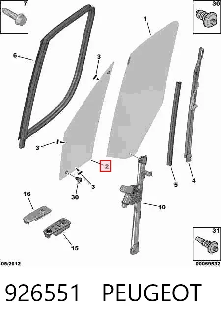 Cristal de ventanilla fija de puerta delantera derecha 926551 Peugeot/Citroen