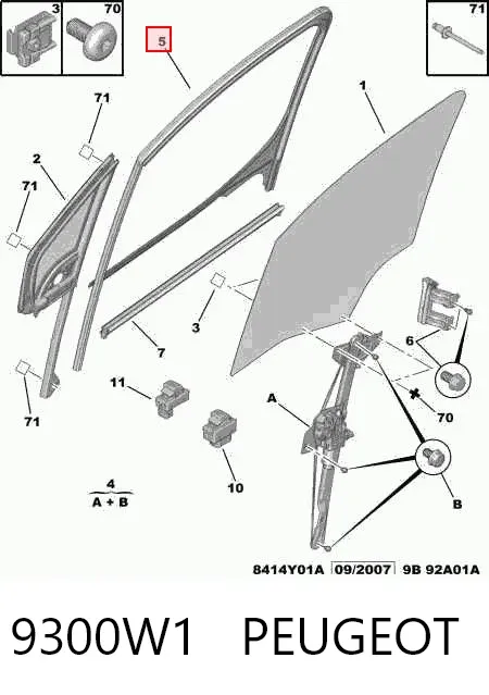 Guía de cristal del marco de la puerta delantera derecha 9300W1 Peugeot/Citroen