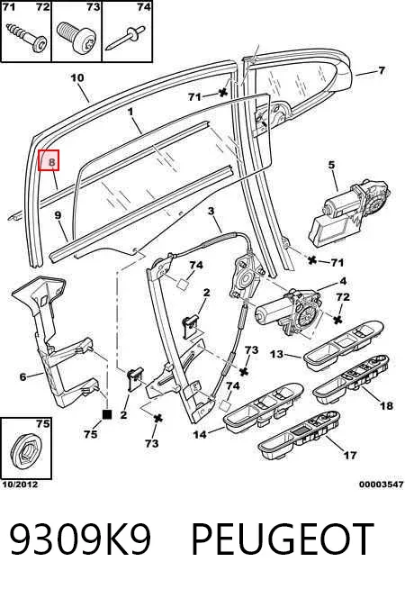 Sellador exterior de vidrio de puerta delantera izquierda 9309K9 Peugeot/Citroen