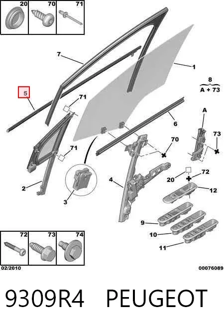 Moldura de cristal de la puerta delantera izquierda 9309R4 Peugeot/Citroen