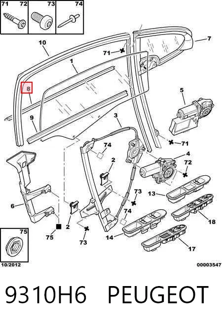 Sellador exterior de vidrio de puerta delantera derecha 9310H6 Peugeot/Citroen