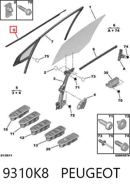 Sellador exterior de vidrio de puerta delantera derecha 9310K8 Peugeot/Citroen