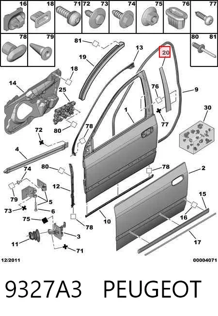 Moldura vertical de puerta delantera derecha 9327A3 Peugeot/Citroen