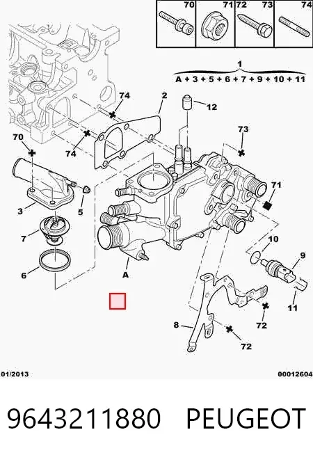 Caja de termostato 9643211880 Peugeot/Citroen