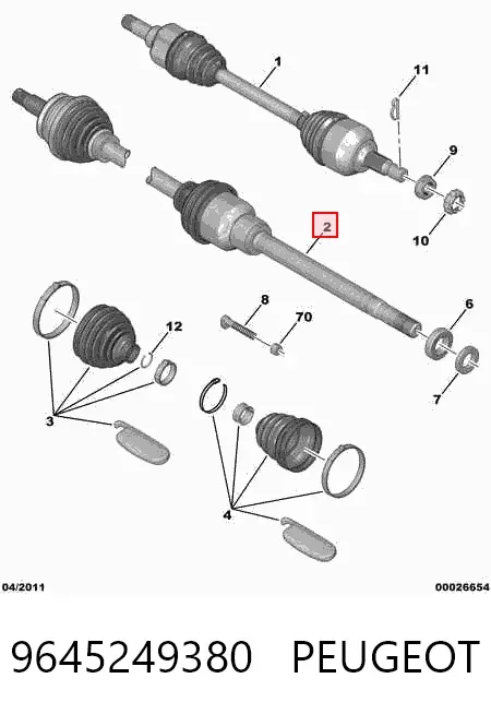 Semieje delantero derecho 9645249380 Peugeot/Citroen