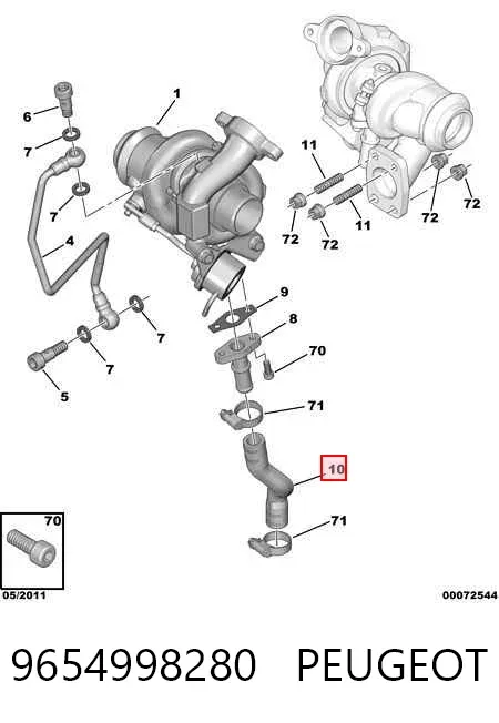 Tubo de drenaje de aceite de turbocompresor 9654998280 Peugeot/Citroen