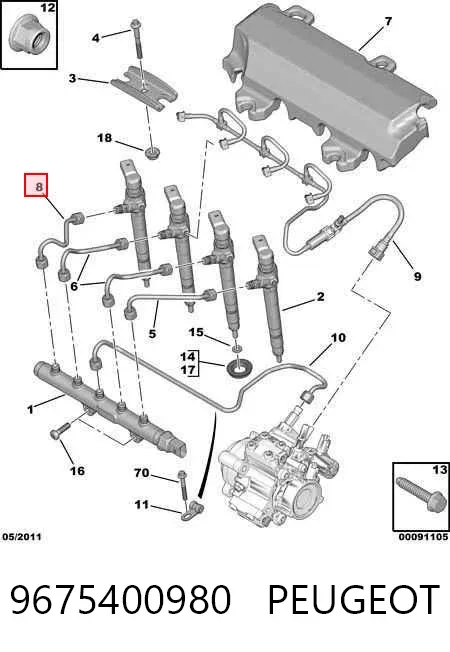 Tubería de combustible, sistema inyección, cilindro 1 9675400980 Peugeot/Citroen
