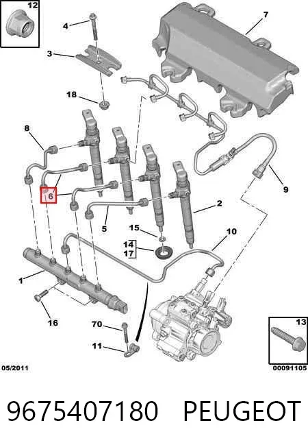 Tubería de combustible, sistema inyección, cilindro 2 9675407180 Peugeot/Citroen