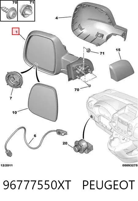 Espejo de retrovisor derecho 96777550XT Peugeot/Citroen