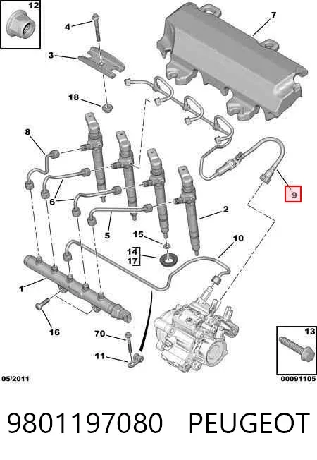 Tubería de retorno de combustible de los inyectores 9801197080 Peugeot/Citroen