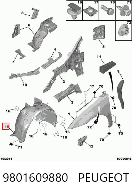 Guardalodos interior izquierdo, guardafango delantero 9801609880 Peugeot/Citroen