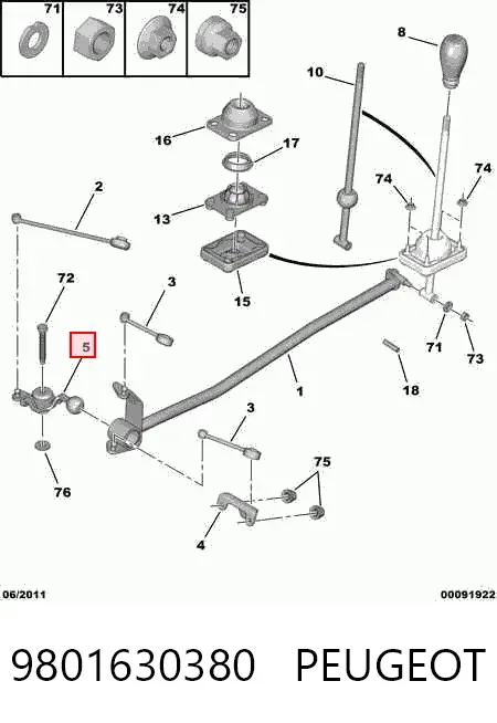 Soporte de la palanca selectora de la caja de cambios 9801630380 Peugeot/Citroen