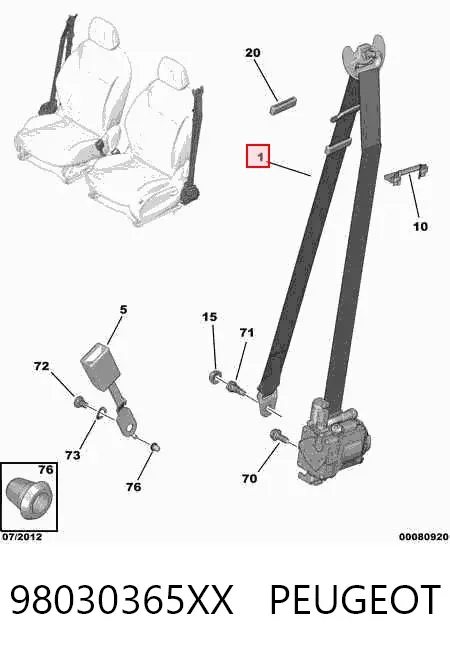 Cinturón de seguridad delantero derecho 98030365XX Peugeot/Citroen