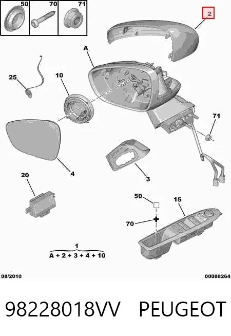 Espejo de retrovisor derecho 98228018VV Peugeot/Citroen