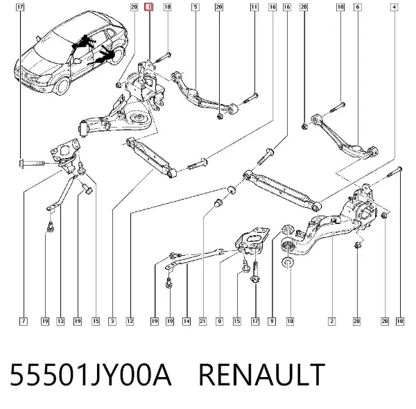 Brazo de suspensión, trasera derecha 55501JY00A Renault (RVI)