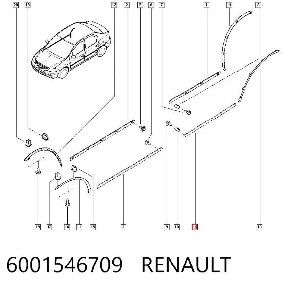 Moldura de puerta trasera derecha 6001546709 Renault (RVI)