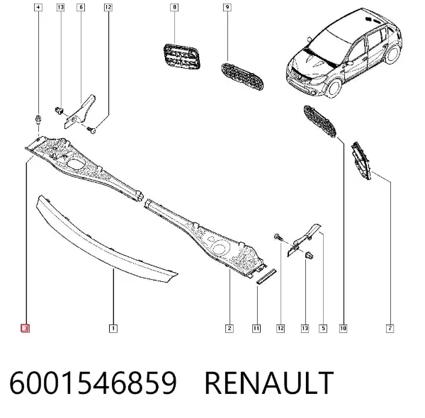 Rejilla derecha de limpiaparabrisas 6001546859 Renault (RVI)