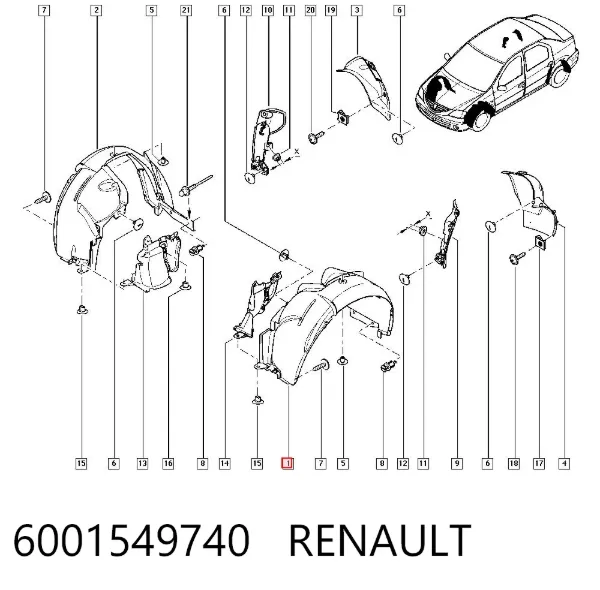 Guardalodos interior izquierdo, guardafango delantero 6001549740 Renault (RVI)