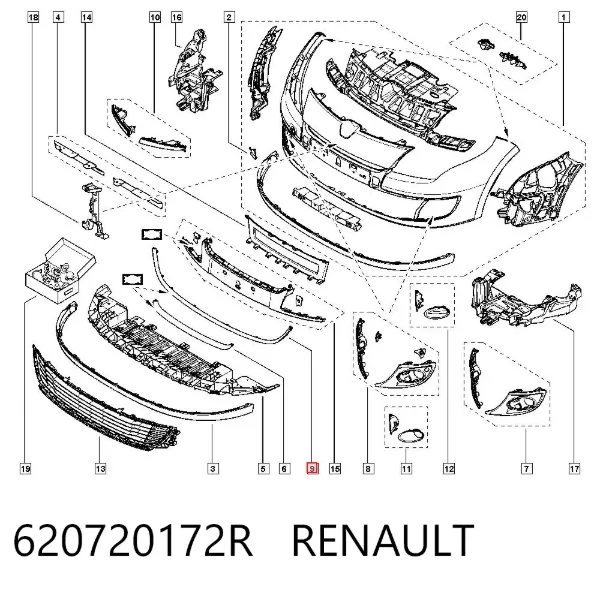 Moldura de la parrilla del parachoques delantero 620720172R Renault (RVI)
