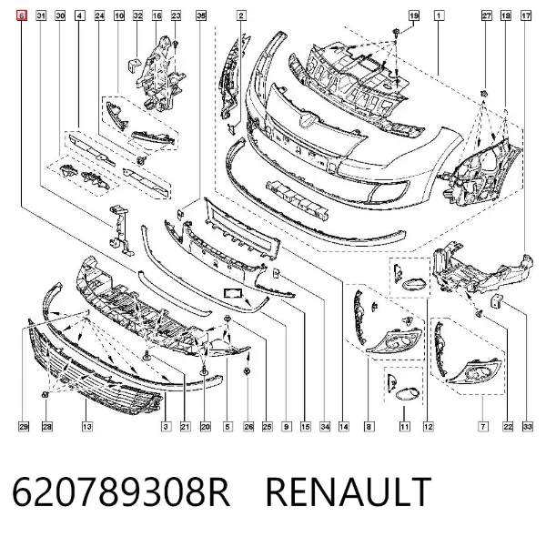 Moldura superior de la parrilla del parachoques delantero 620789308R Renault (RVI)