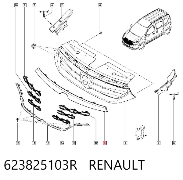 Moldura superior de la parrilla del radiador 623825103R Renault (RVI)