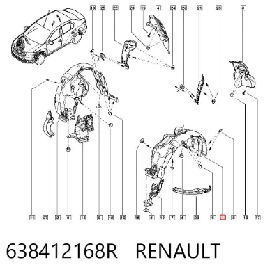 Guardalodos interior izquierdo, guardafango delantero RENAULT 638412168R