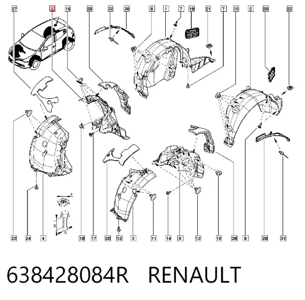 Guardabarros interior trasero derecho del guardafango delantero 638428084R Renault (RVI)