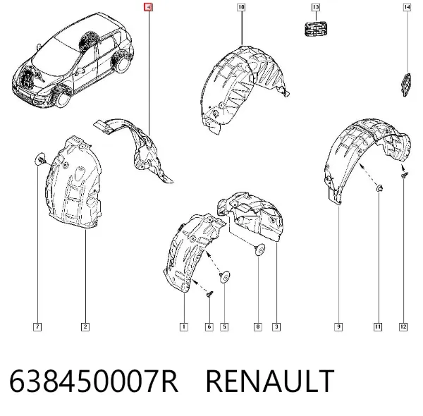 Guardabarros interior trasero derecho del guardafango delantero 638450007R Renault (RVI)