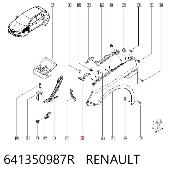 Soporte delantero izquierdo para aleta delantera 641350987R Renault (RVI)