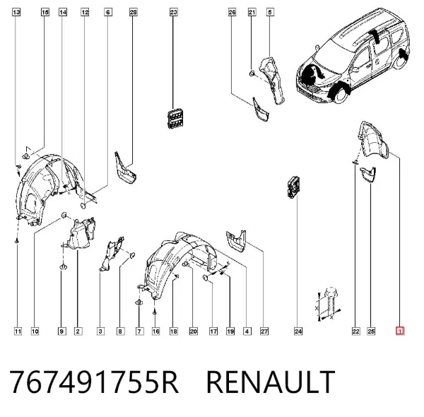 Guardabarros interior izquierdo trasero 767491755R Renault (RVI)