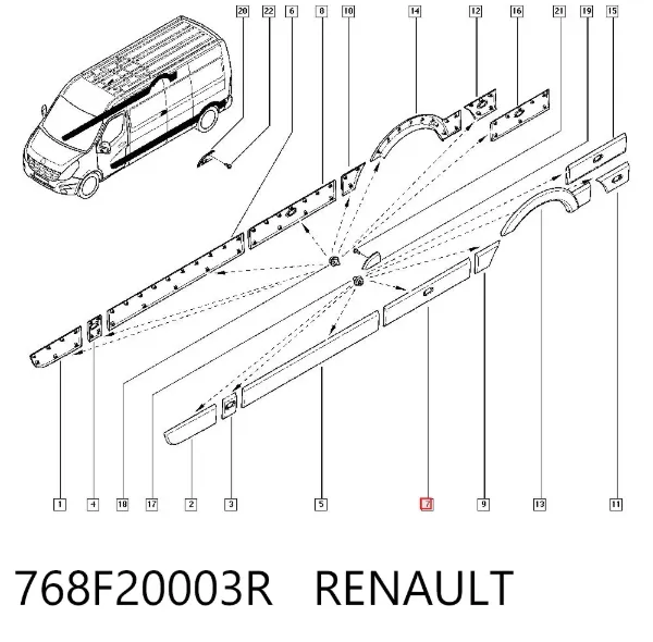 Moldura del guardabarros trasero izquierdo 768F20003R Renault (RVI)
