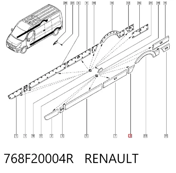 Moldura del guardabarros trasero izquierdo 768F20004R Renault (RVI)