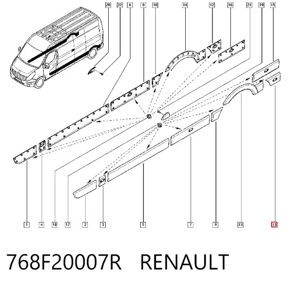 Moldura de guardabarros trasero izquierdo 768F20007R Renault (RVI)