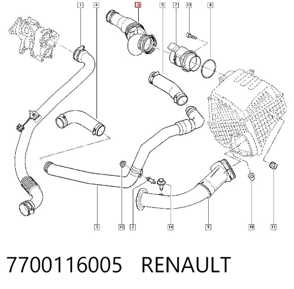 Tubo de admisión de aire al turbocompresor 7700116005 Renault (RVI)