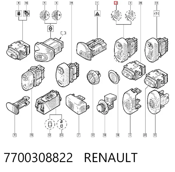 Botón de encendido de la calefacción de la luneta trasera 7700308822 Renault (RVI)