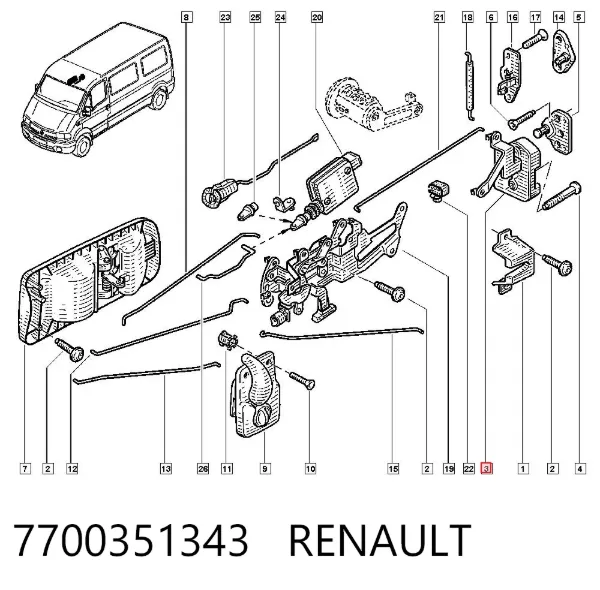 Cerradura de puerta lateral corrediza derecha 7700351343 Renault (RVI)