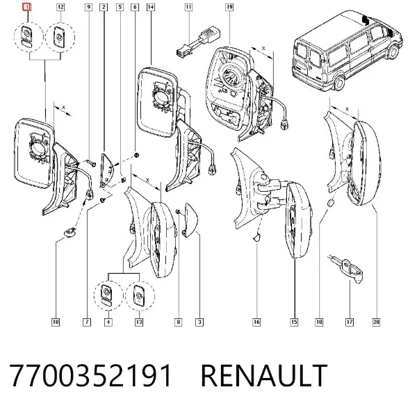 Espejo de retrovisor izquierdo 7700352191 Renault (RVI)