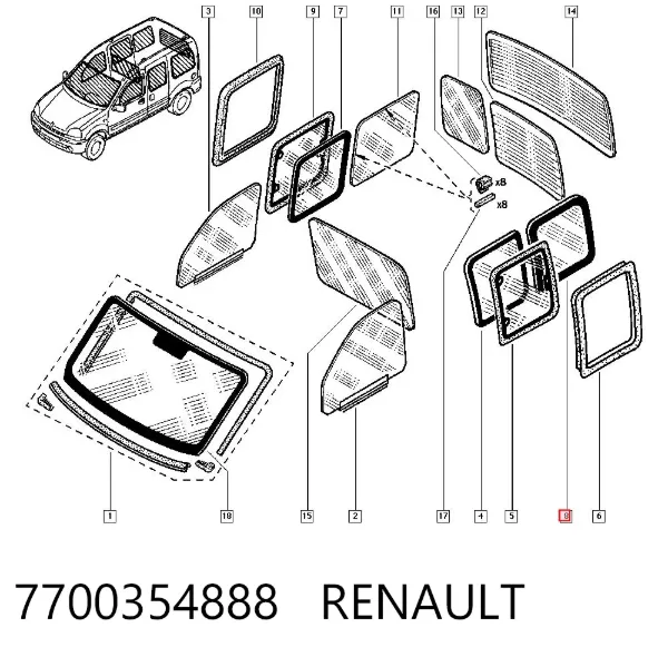 Cristal lateral izquierdo del maletero 7700354888 Renault (RVI)