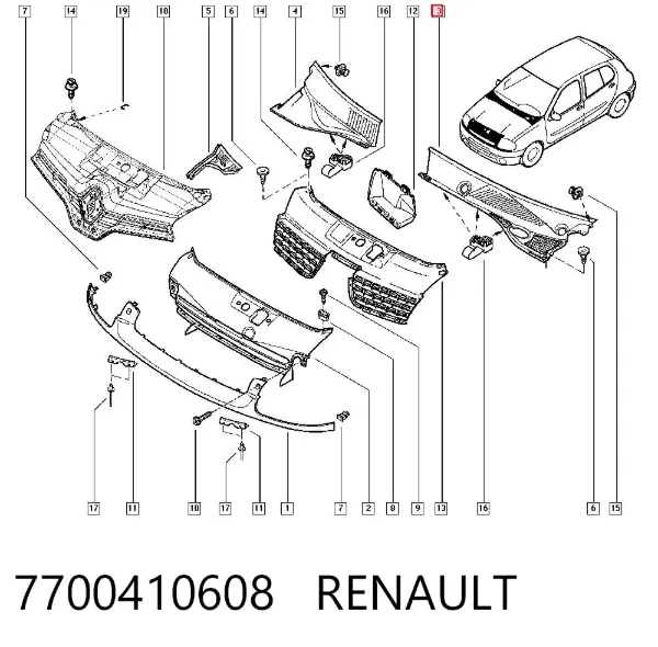 Rejilla izquierda de limpiaparabrisas 7700410608 Renault (RVI)